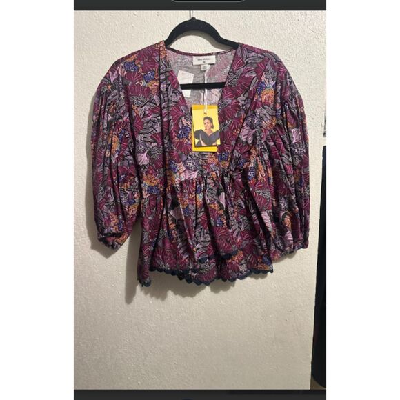 520 Women's Floral Peplum Blouse – Boho Puff Sleeve Top, Purple Multi Print - Picture 3 of 3